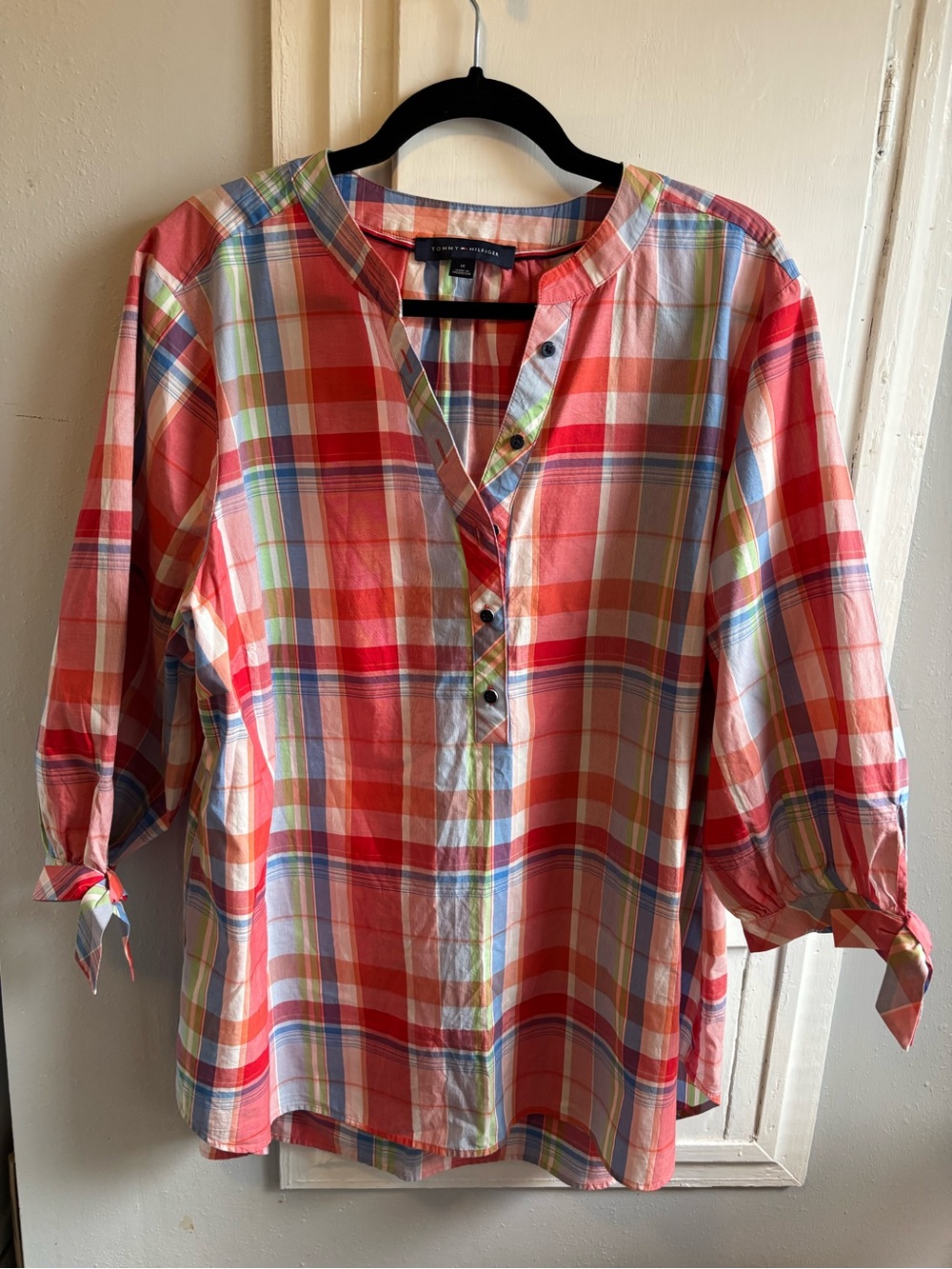 Tommy Hilfiger Coral Multicolor Plaid Popover Top